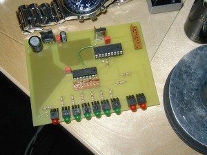 A PIC16F84A sitting on the self-etched controller board